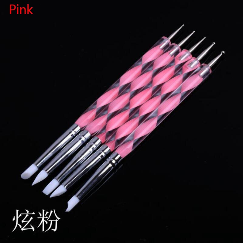 5Pcs Dubbele Nagel Punt Boor Pen van Spiraal Staaf Punt Puntjes Gereedschap Nail Art Schilderen Pen Nagels Accessoires Set: Roze