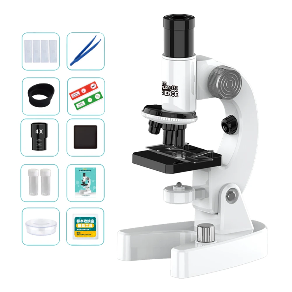 Microscopio óptico Monocular 200X-4800X, microscopio de biología Experimental de ciencia para estudiantes escolares, microscopio de laboratorio para niños: Blanco