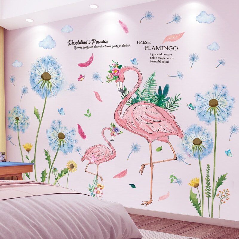 [shijuekongjian] Romantic Flamingo Wall Stickers DIY Cartoon Animals Wall Decals for House Kids Rooms Baby Bedroom Decoration: flamingo and flower1