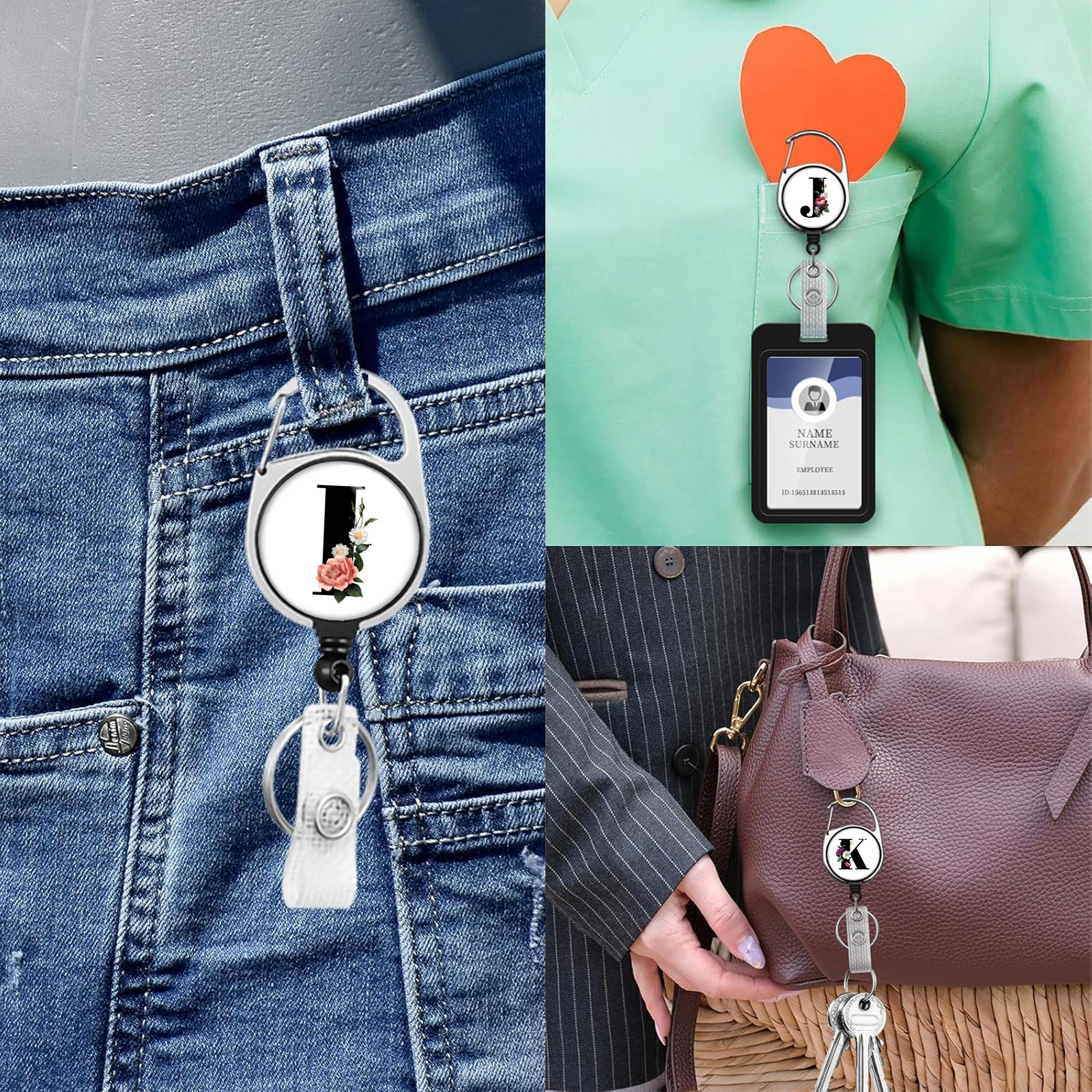 ID Badge Holders with Metal Clip and Keyring - Vertical Clear Plastic ID Card Holders - Retractable Pull Cord for Office
