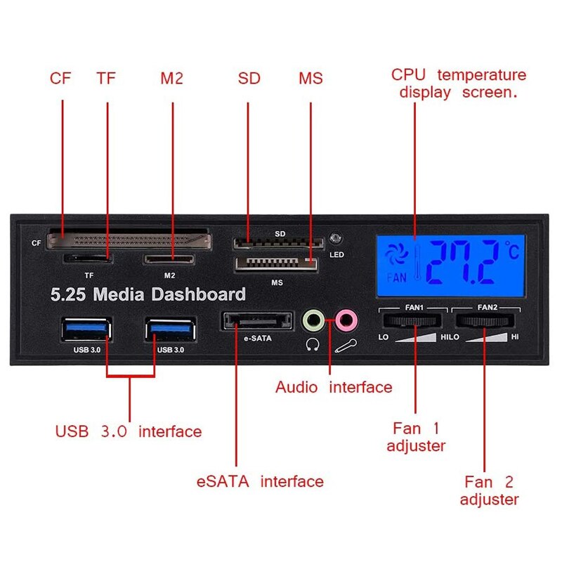 5.25 Media Dashboard Multifunctionele Usb 2.0 Sd, Cf, Ms, xd Tf M2 Kaartlezer Voorpaneel W/Audio Esata, USB3.0,Fan Speed Controller