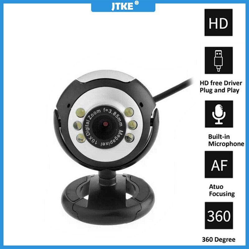 JTKE HD Webcam USB 2.0 Video Web Camera 10X Digital Zoom 360 Degree Rotation Clip-on Computer Webcam with MIC for PC Laptop