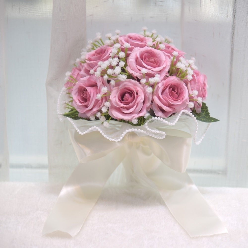 Baby's Atem Romantische Hochzeitssträuße Künstliche Seidenblumen Schleifenband Brautstrauß Koreanischer Stil Perlen Spitze Weiße Rosen Strauß: verrotten