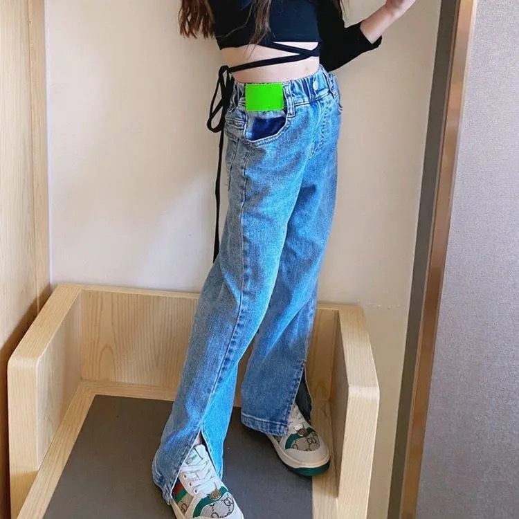 Girls Split Jeans Autumn High-waisted Straight-up Denim Pants Teen Girls Jeans