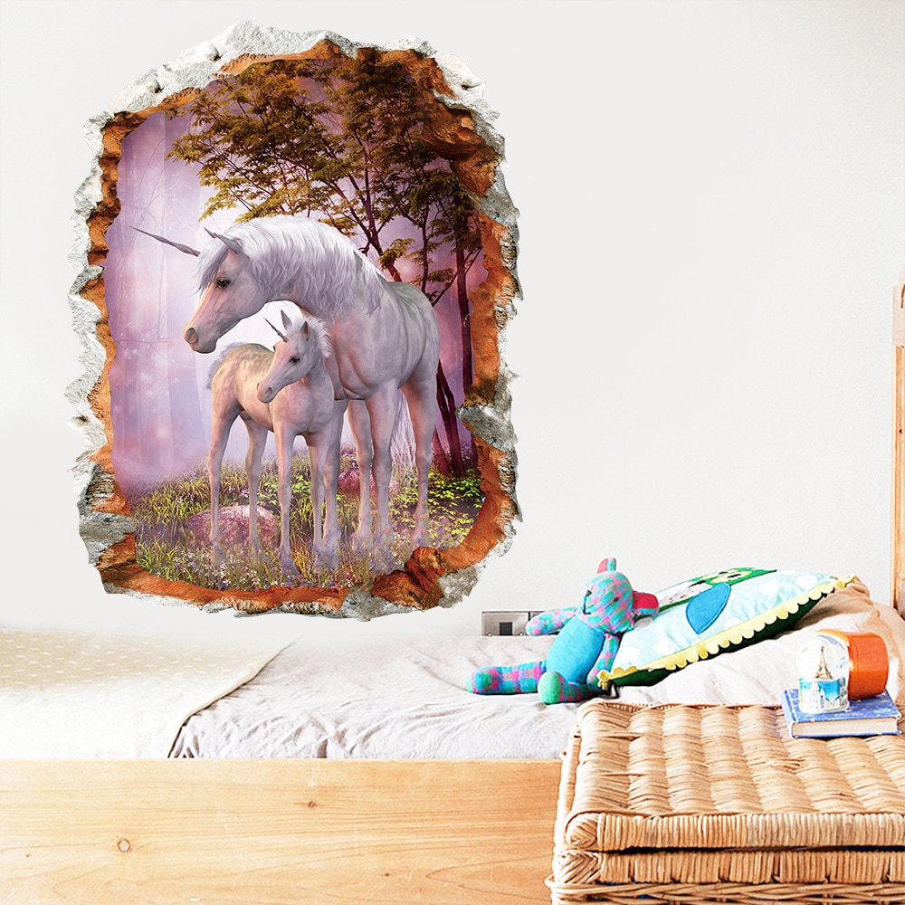 3D Unicorn Wall Stickers Living Room Bedroom Children's Room Wallpaper Decorative Painting Green Wallpaper Sticker Mural