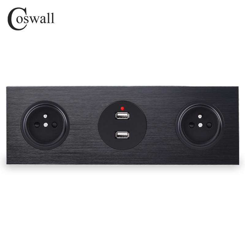 Coswall svart aluminiumspanel dobbel fransk standard veggkontakt jordet + dobbel usb-ladeport 2.4a utgang  r12- serien