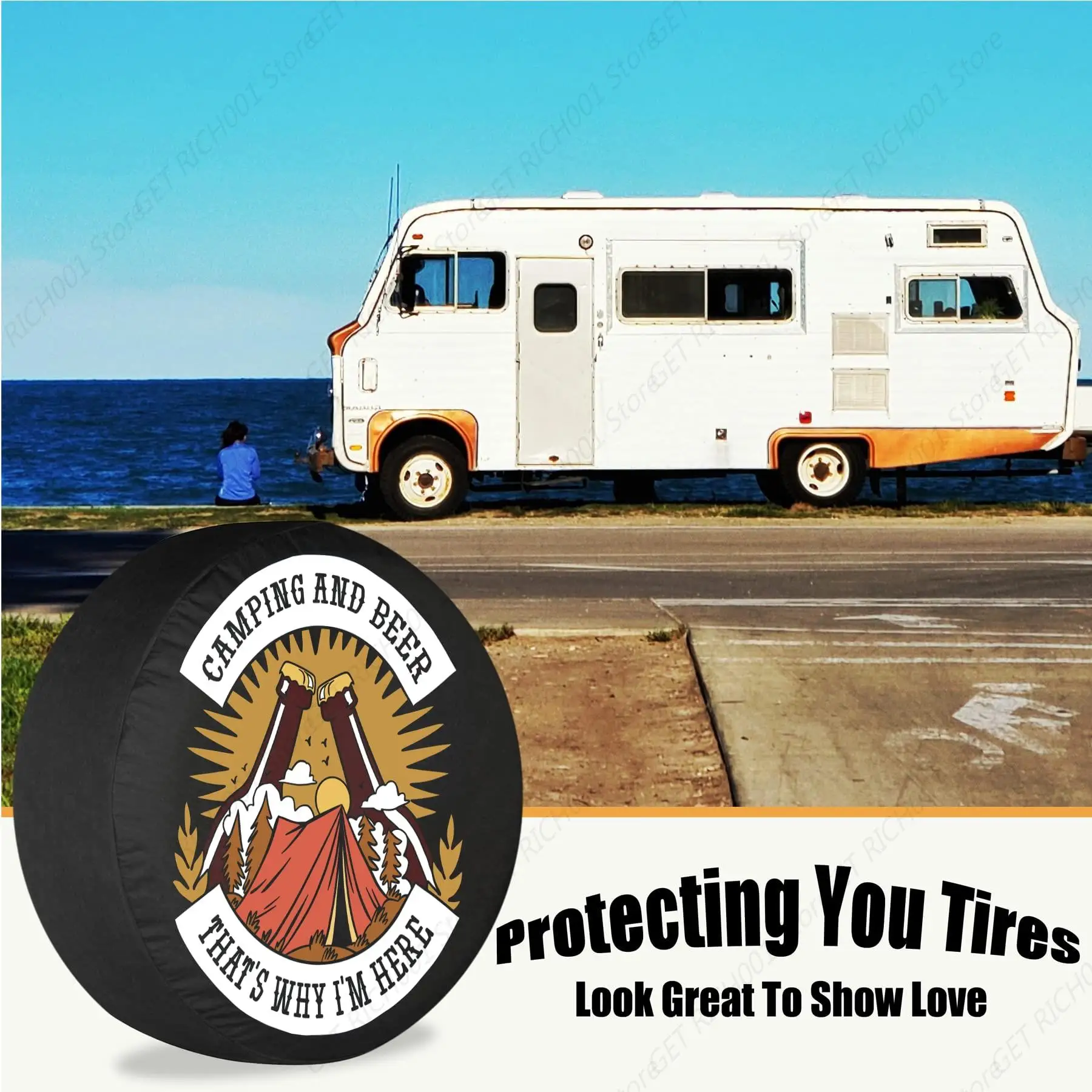 Spare Tire Cover Funny Camping and Beer RV Tire Covers Weatherproof Dust-Proof Universal for Trailer CRV SUV Camp Travel Trailer