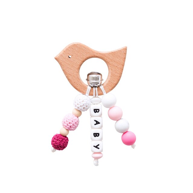 1pc Del bambino Sonaglio tamburo di Legno di Faggio Animale Del Fumetto Giocattoli silicone Massaggiagengive per I Denti Perline Personalizzati Nome Del bambino Fatti A Mano Dentizione Giocattoli: uccello
