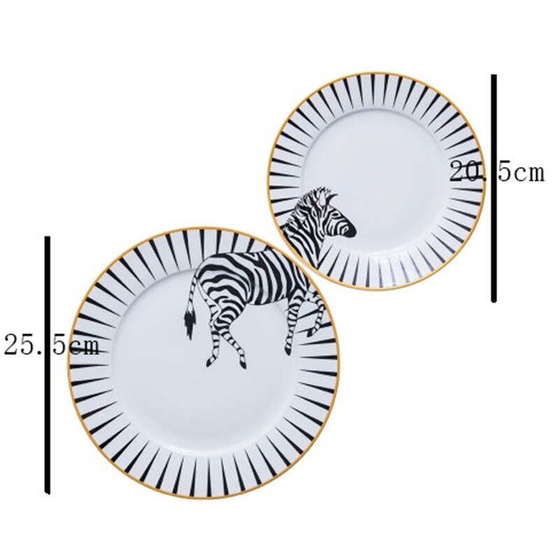 2 Pcs 6&8 Inch Animal Combined Plates Set Ceramic Plates Fox Elk Giraffe Zebra Pattern Plates Steak Breakfast Cake Fruits Dish: A