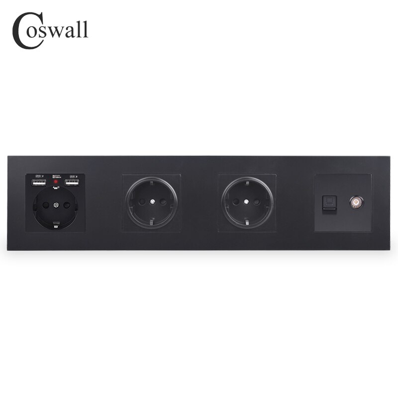 COSWALL Triple Wall EU Socket Grounded + Dual USB Charging Port With Soft Backlight + Female TV & RJ45 Internet Outlet PC Panel: Black