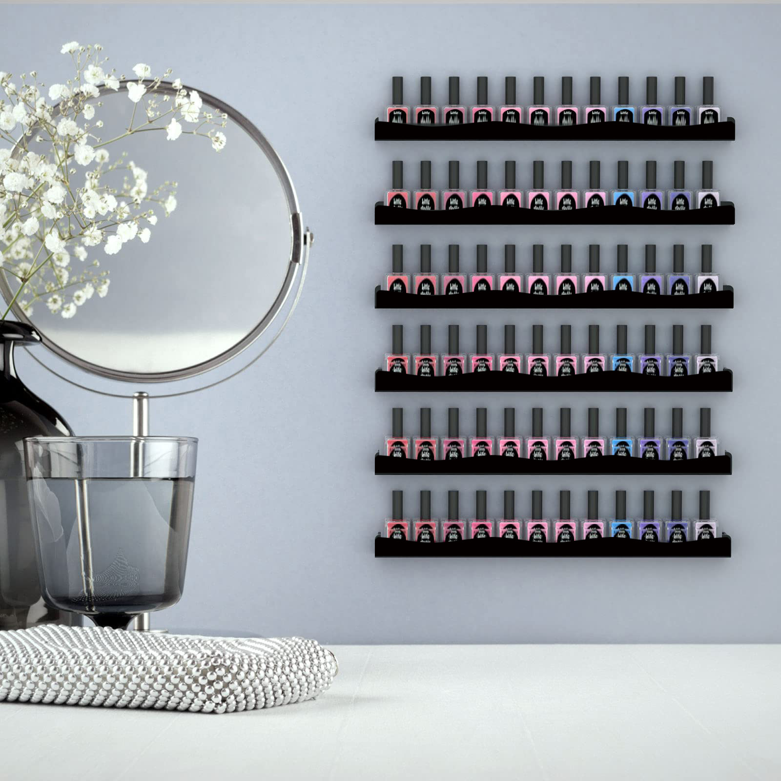 Nagellack-Wandregal: 4 verwöhnen, 38,1 cm, schwarzer Acryl-Nagellack-Organizer für 48–66 Flaschen, Mehrzweck-Acryl-Regal.