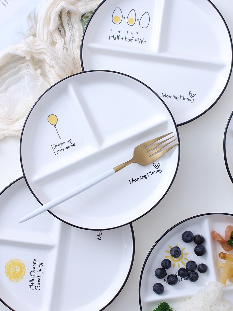 Vajilla para desayuno para una persona, plato de cerámica para pérdida de peso para niños, tres compartimentos