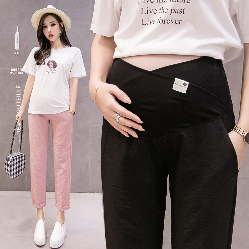 Popular Casual Pregnant Women Loose Pants Maternity Adjustable Trousers Black Grey Pink Waist