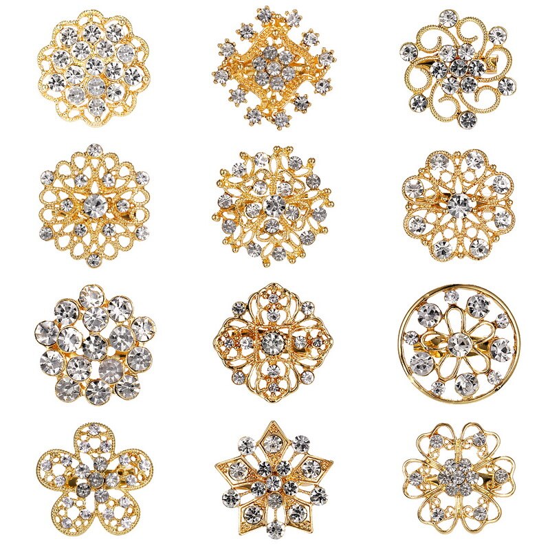 WEIMANJINGDIAN Lots de 12 pièces cristal strass fleur broche broches ensemble pour bricolage mariage Bouquet Kits bijoux accessoires: KZ041 gold clear