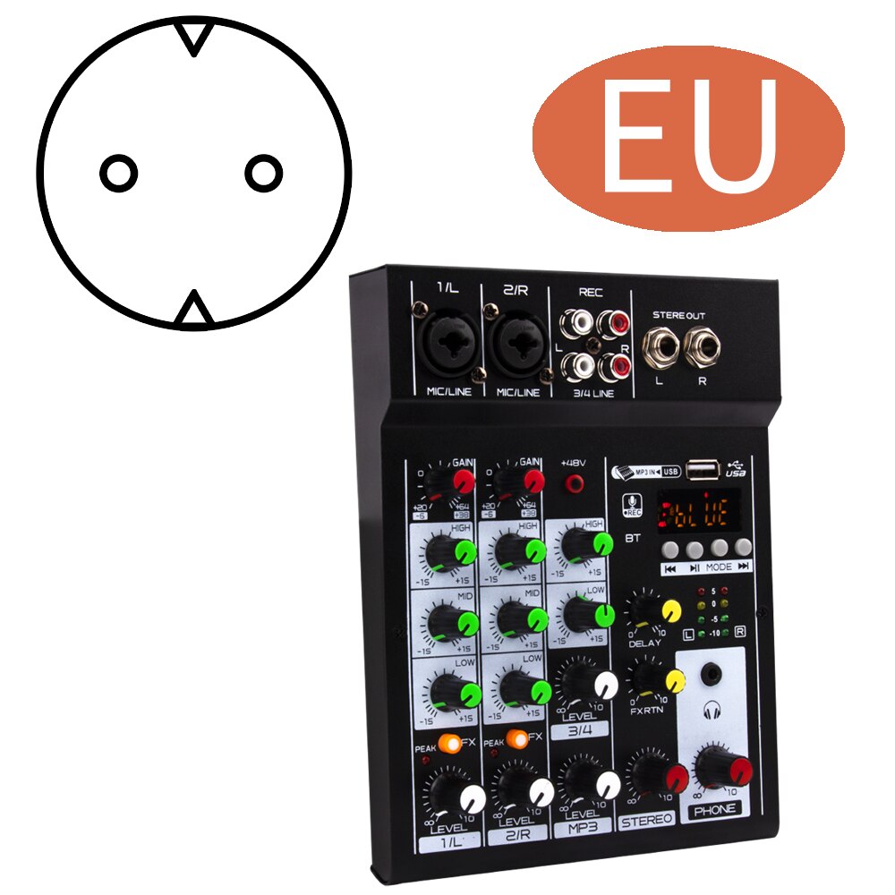 Mic 2U Portable 4 channel MP3 playback BT console Digital audio mixer Built-in reverb effect 3-band EQ DC 5-12V power supply: EU