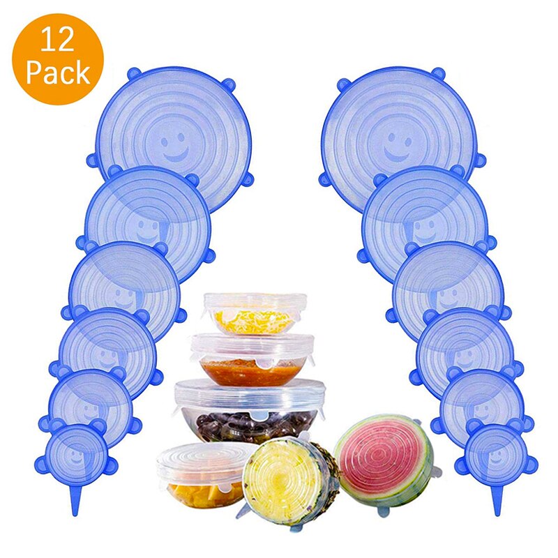 Juego de tapas de 6 piezas hechas en silicona tapas reutilizables cubiertas herméticas para almacenar comida tapas selladoras de recipientes de varios tamaños cubiertas elásticas para envoltura utensilios de cocina: 12PACK BLUE