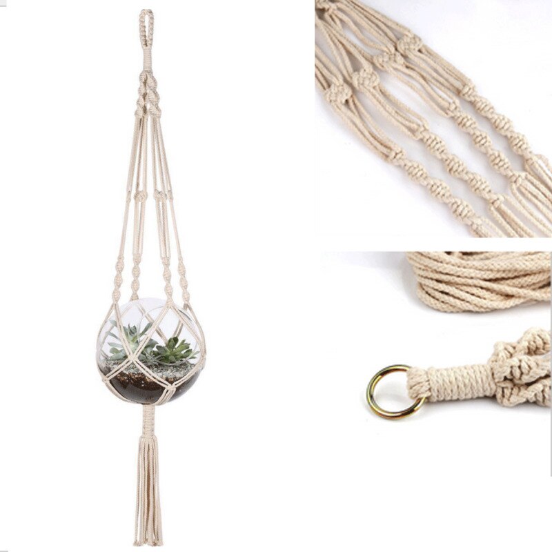 Geknoopte macramé plantenhanger vintage katoenen linnen bloempot mand hijstouw bohemian hangmand pot houder gereedschap