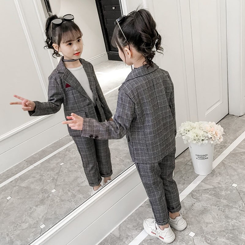 Kinderen Pak Voor Meisjes Mode Bruiloft Formele Broek Past Voor Tieners 2Pcs Blazer Set Plaid Kinderen Blazer 6 8 10 12 13 Jr
