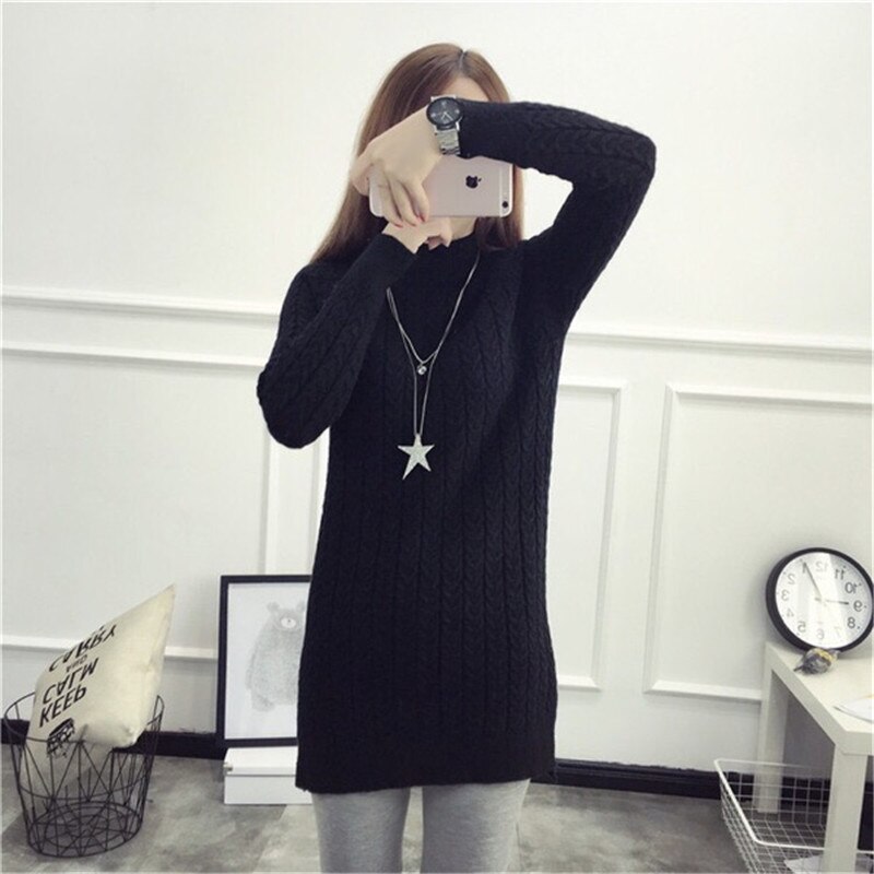 Pull-over mi-long tricoté pour femme, couleur unie, Slim, grande taille, automne hiver, , hauts 125: black / XXL