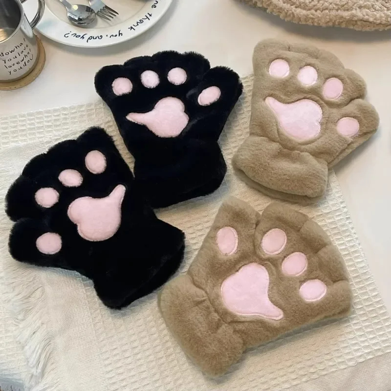 Jolies gants en peluche patte de chat, mitaines en peluche, chaudes et douces, courtes, sans doigts, ours pelucheux, Costume, gants demi-doigt