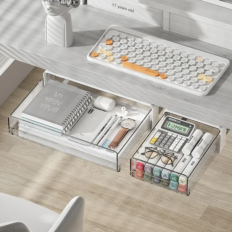 Desk Drawer Under Desk Storage, Slide Out-Drill-On Self-Adhesive Wardrobe Organizer Under Table Drawer for Home Office School