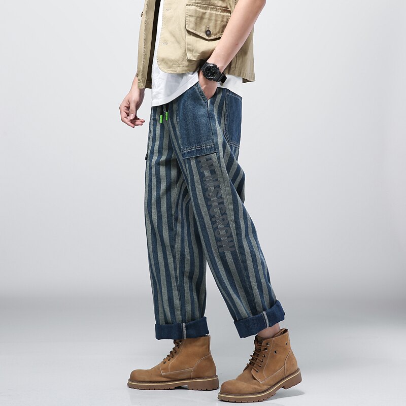 Pantalones vaqueros de rayas verticales para hombre, ropa de a la , con bolsillos grandes, holgados, elásticos, rectos, 2022