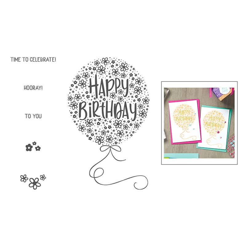 Vier een gelukkige verjaardag met ballonstrik, transparante stempelsets en metalen snijmallen met woorden, scrapbooking voor knutselen, kaarten maken