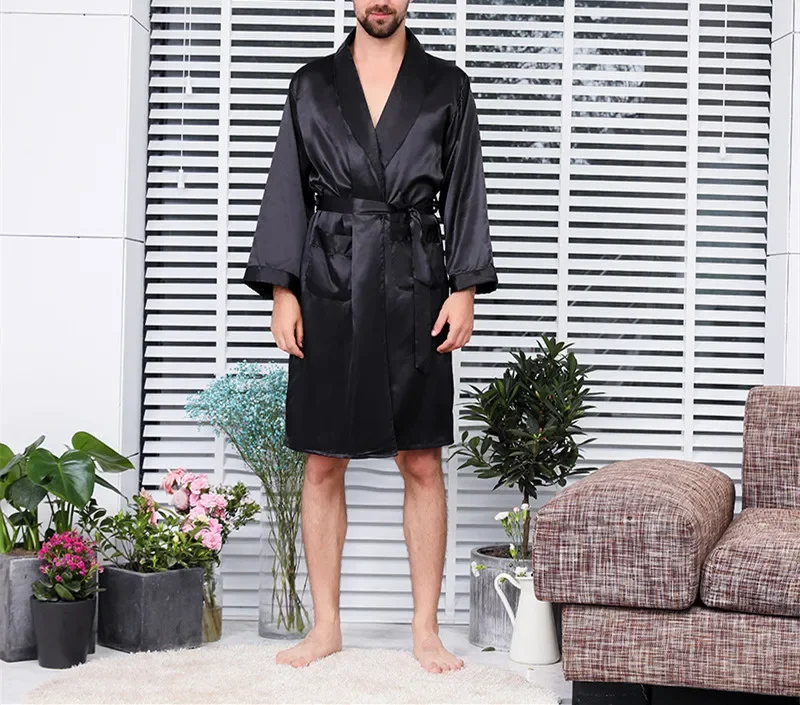 2025 pijamas finos de verano para hombre, batas de casa para hombre, albornoz tipo kimono de manga larga, ropa de dormir de satén de seda negra, ropa de dormir para salón para hombre: XXXL / Negro