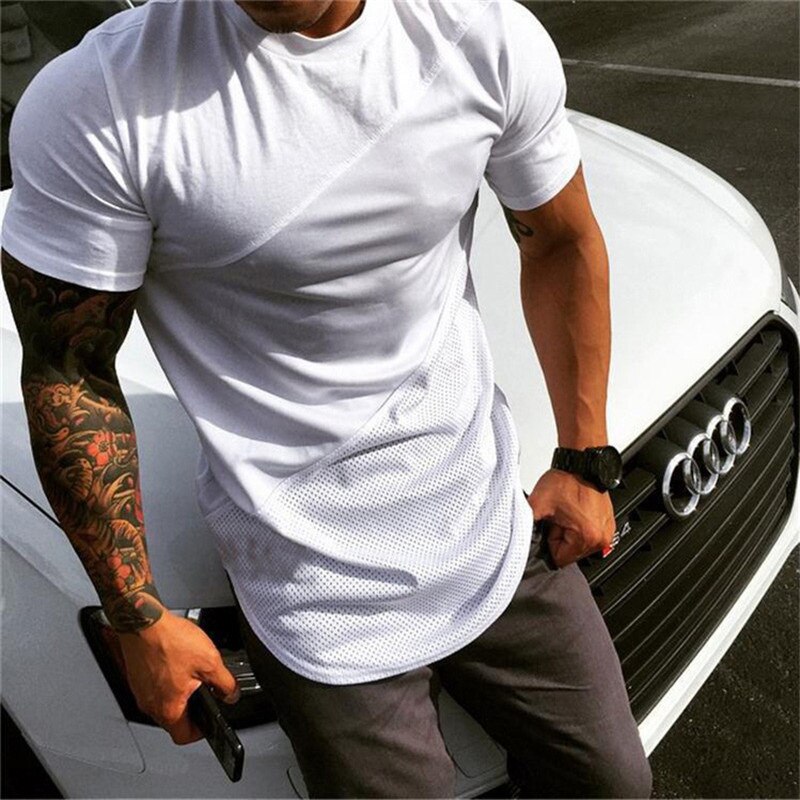 Muscle Fitness Sports T-shirt Men's Summer Stitching O-neck Half Sleeve Sweat-absorbent Breathable Sweatshirt Sportswear Jogging: White / M