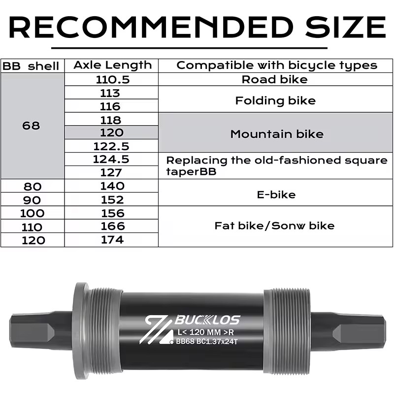 BUCKLOS Fahrrad Quadratische Tretlager 80*140 100*156 110*166 E-bike Kurbel Bb CNC abgedichtete Lager Tretlager für Fat Snow Bike