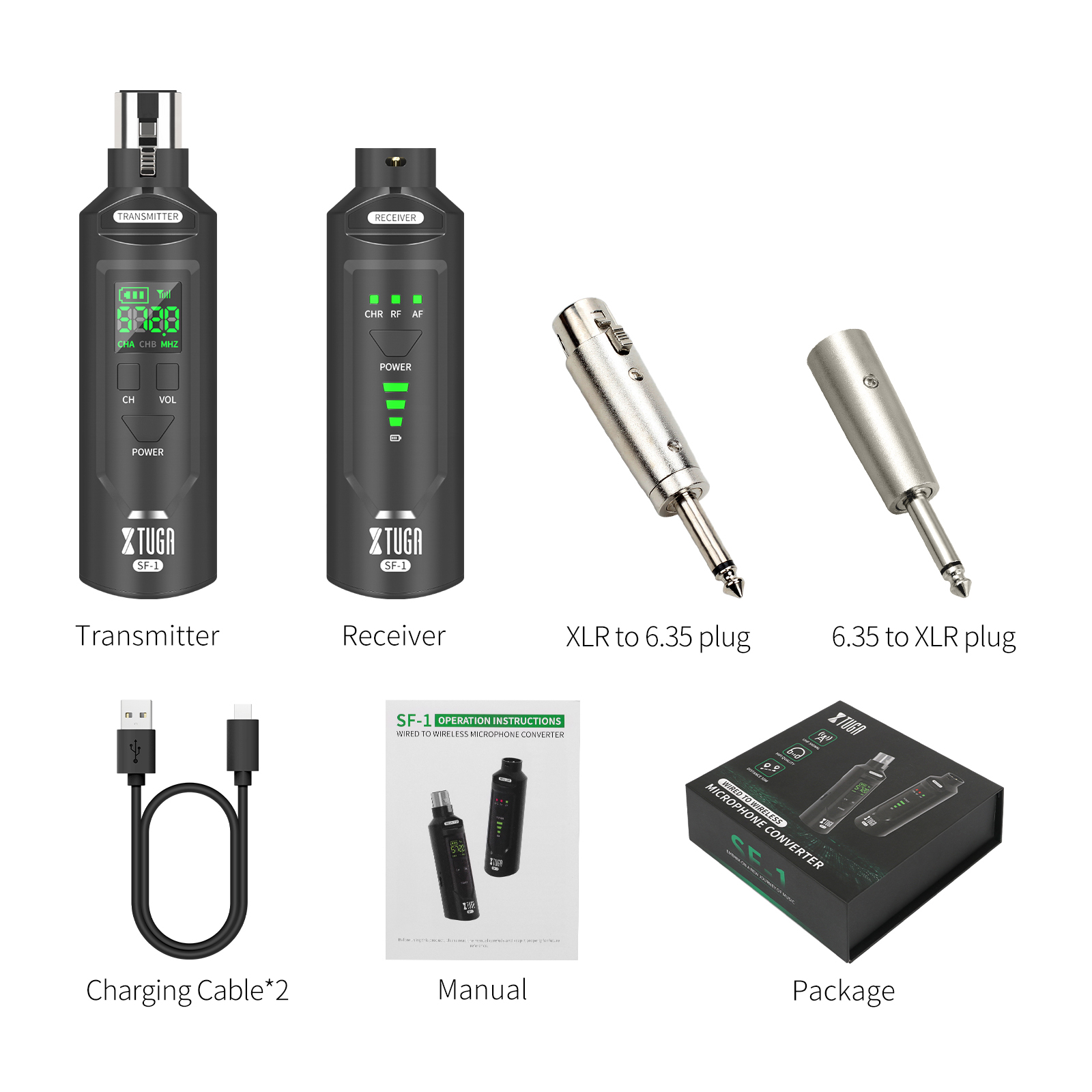 XTUGA SF-1 UHF micrófono convertidor inalámbrico XLR transmisor receptor recargable para micrófono dinámico/condensador: Default Title