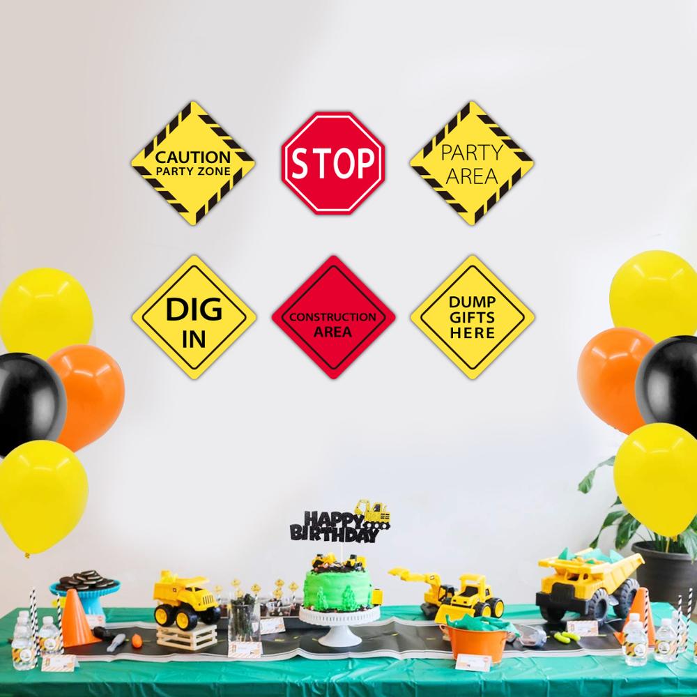 6pcs Construction party backdrop Excavator Construction warning sign sticker Vehicle Truck Signs Kids Boys Birthday party suppli