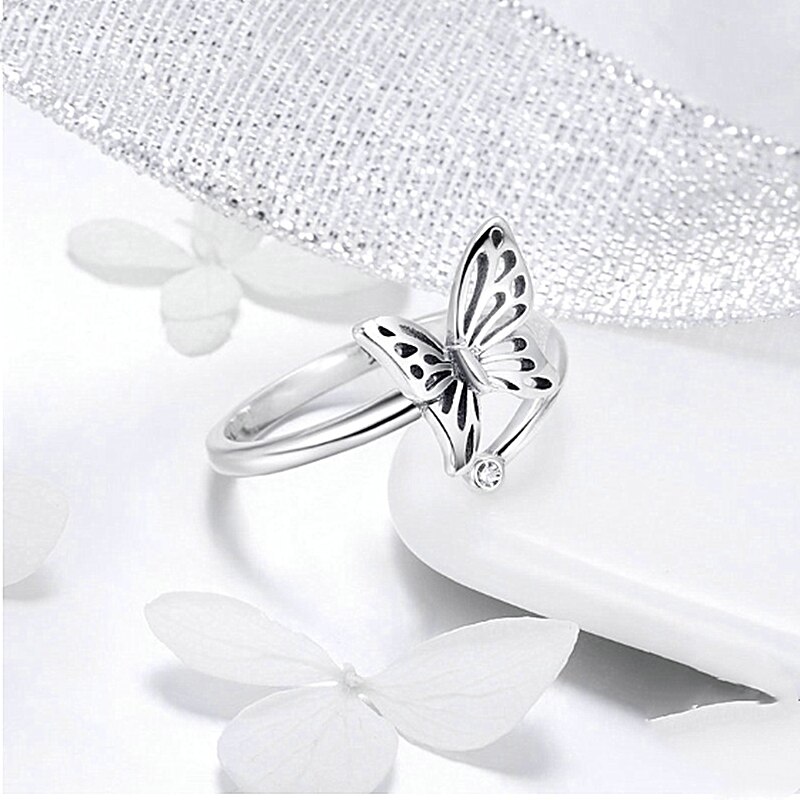 Authentic 925 Sterling Silver Vintage Butterfly Adjustable Finger Rings for Women Wedding Engagement Ring Jewelry SCR448