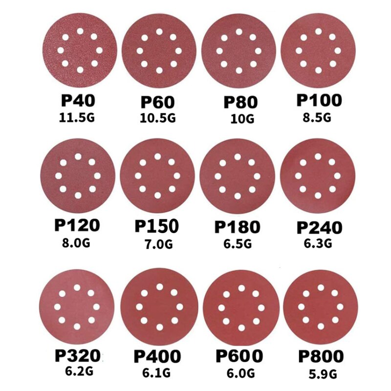 10PC 5inch 125MM Round Sandpaper Disk Sander Disc 40/60/80/100/240/320//800 Grit Hook and Loop Sanding Grinding Disc Polish