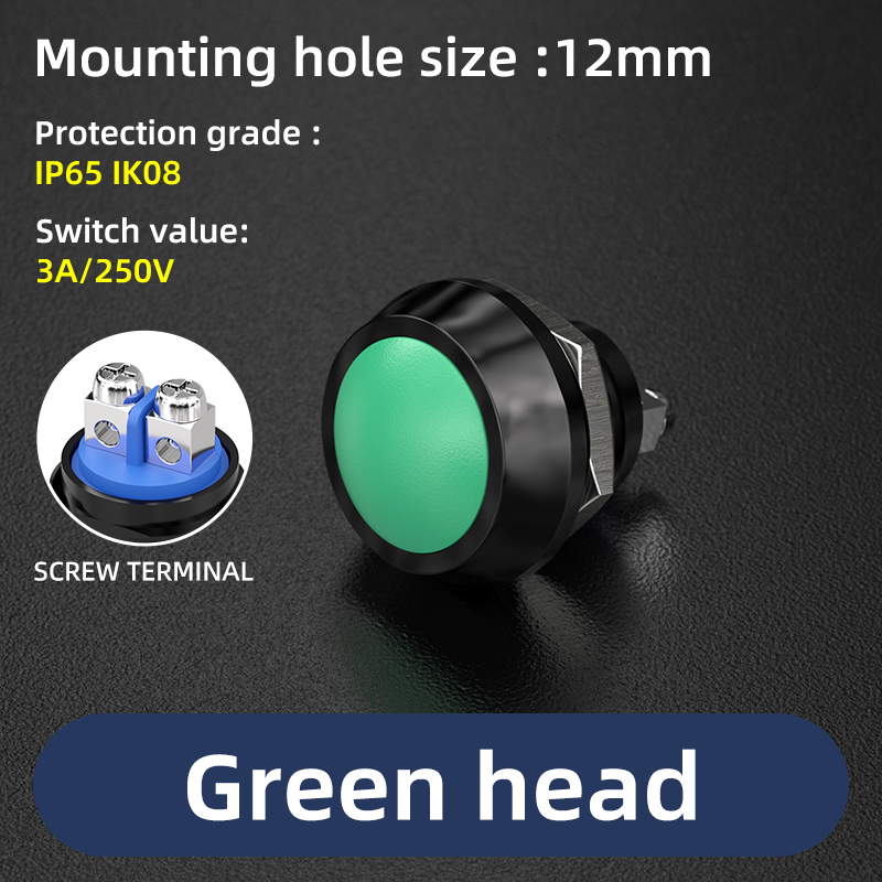 12 mm 1/2 Zoll Montageloch, IP65, bunt, gewölbter Mini-Schraubklemmen/Stiftklemme, wasserdichter Momentan-Drucktastenschalter: Grün