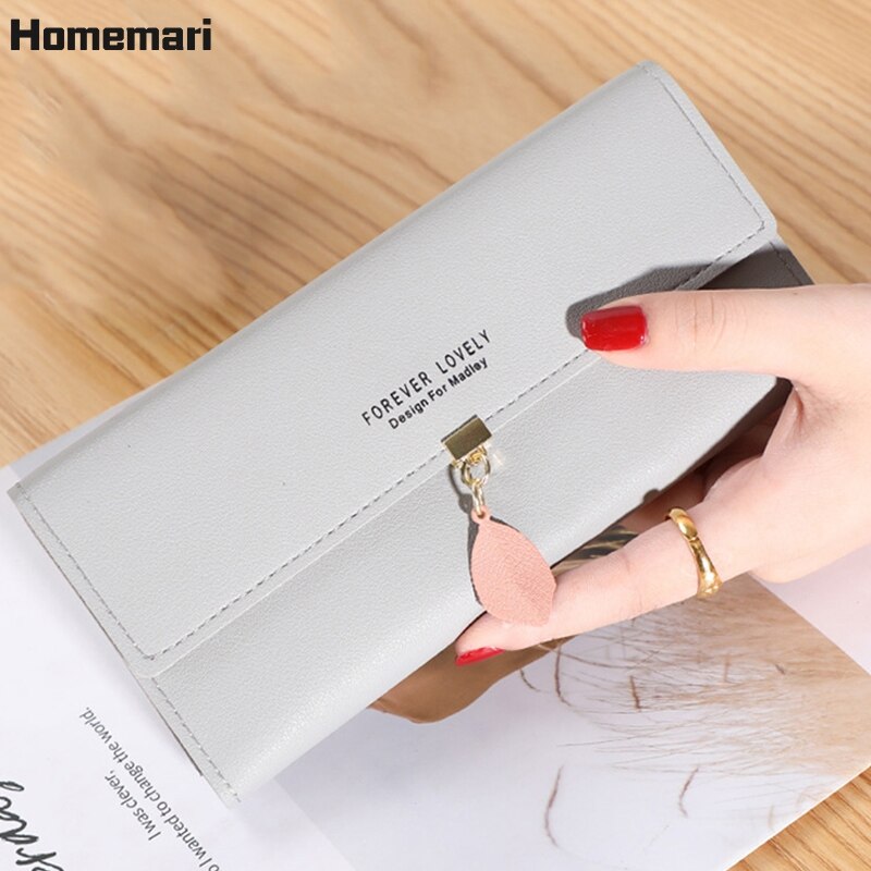 Homemari mulheres couro do plutônio carteiras femininas bolsas longas sacos de dinheiro folha telefone bolso senhoras carteira titular do cartão embreagem mujer 2021: long-gray