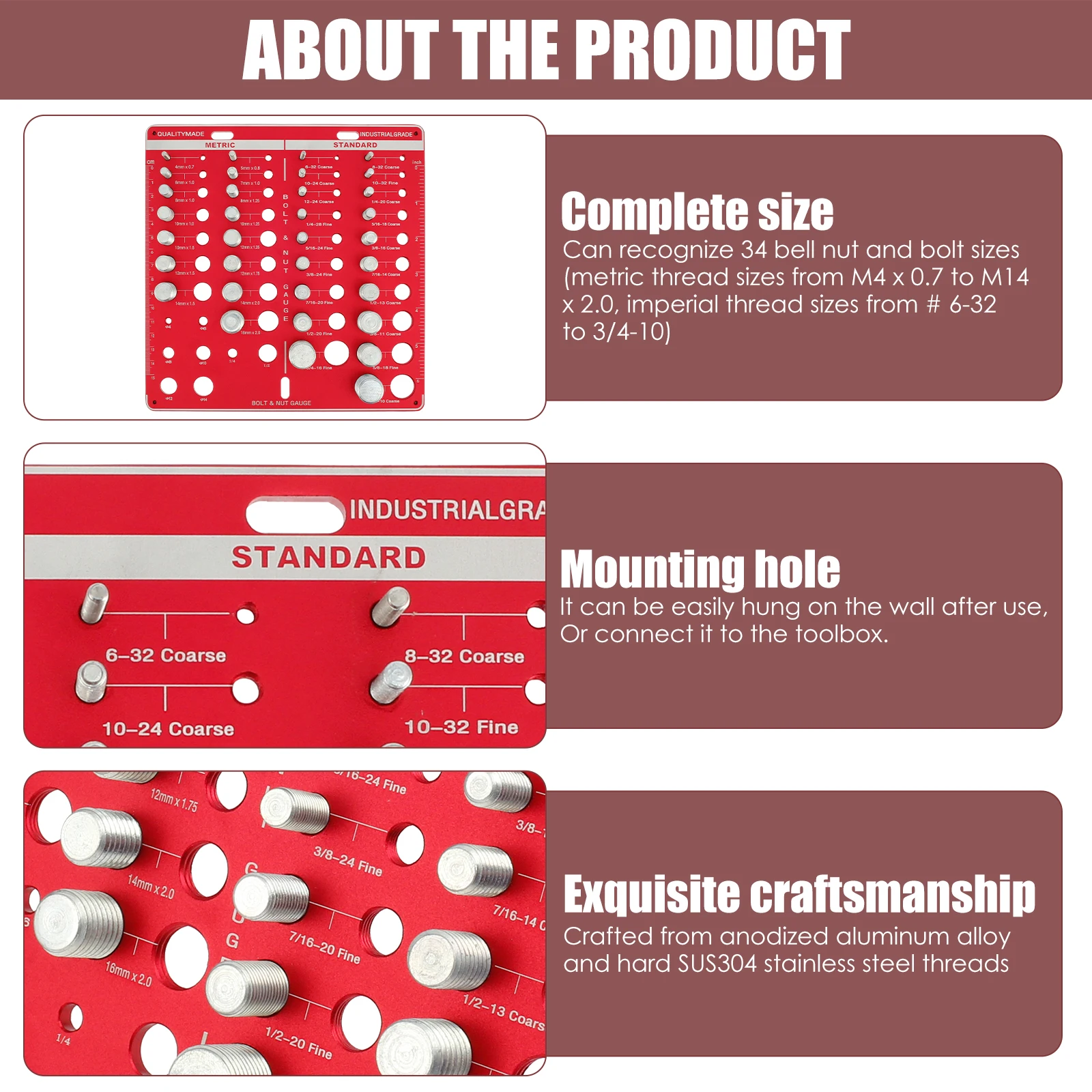 Aluminum Alloy Bolt Nut Gauge for Workshop Garage 34 Holes Bolt Size Thread Gauge Multifunctional Nut Bolt Thread Checker