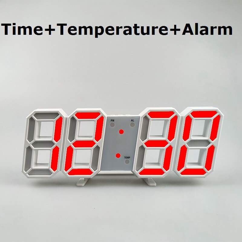 3D horloge moderne numérique 12/24 heure affichage de l'heure mur LED horloge LED rétro-éclairage support de température ou suspendus alarmes pour chambre à coucher: White Shell Red
