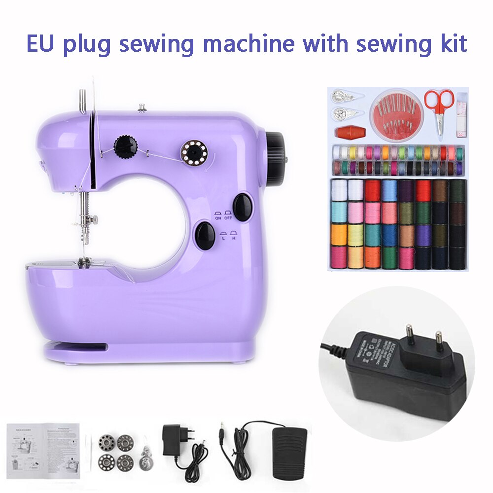 Sewing Machine Mini Portable Electric Household Pedal Multifunctional With Night Light Handmade DIY Purple For Beginners: EU plug with kit