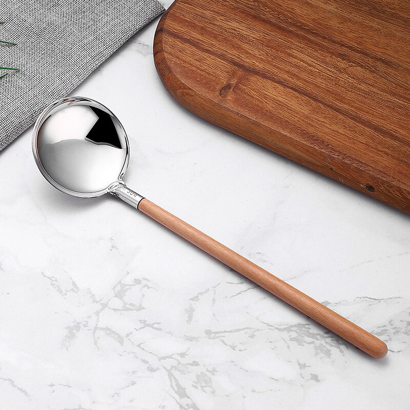 2PCS Stainless Steel Wooden Handle Spoon/Colander 26.7CM Pot Spoons Flatware Soup Drinking Tools Kitchen Gadget: A 1PC AS PIC