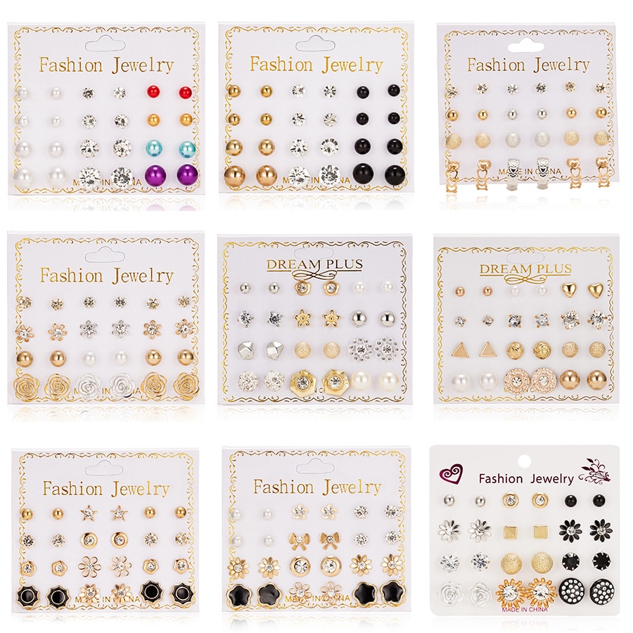 12pairs/set Crystal Bead Stud Earrings Set For Women Geometric Flower Bowknot Pearl Earring Statement Party Jewelry