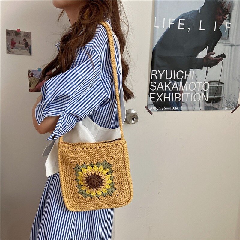 Zomer Zonnebloem Kleine Messenger Bag Hollow Geweven Gebreide Schouder Crossbody Zakken Voor Meisjes Mini Katoenen Doek Handtas