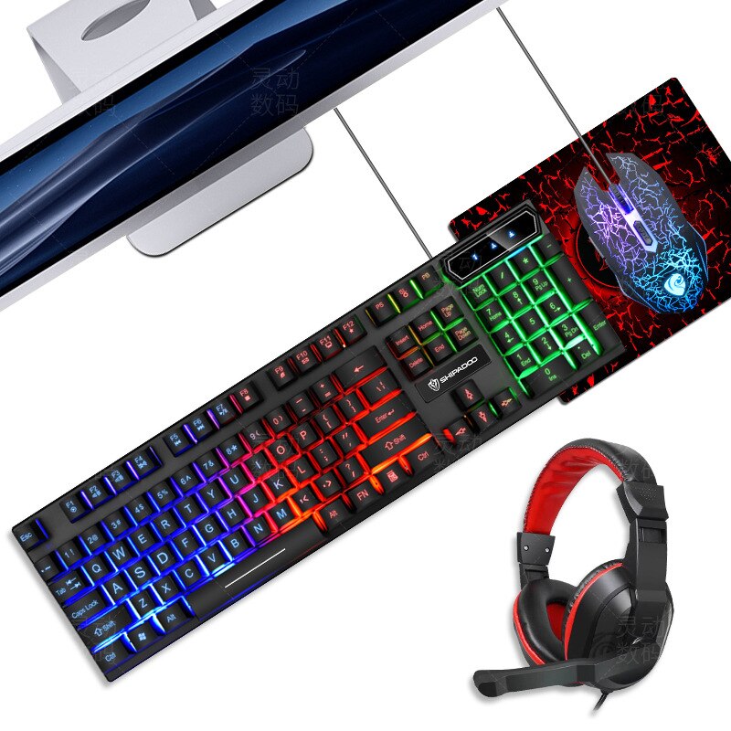 Gaming Keyboard Mouse LED Breathing Backlight Ergonomics USB Wired Full Key Mouse Pad Keyboard 4 In1 for PC Loptop