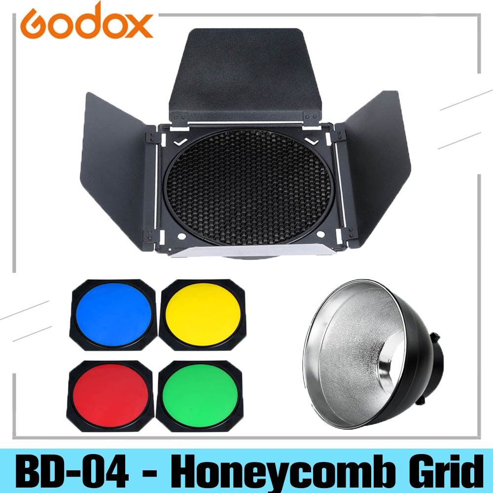Godox BD-04 - Honeycomb Grid Barn Door Honeycomb Grid Met 4 Color Gel Filter + Bowens Reflector Voor Standaard Reflector