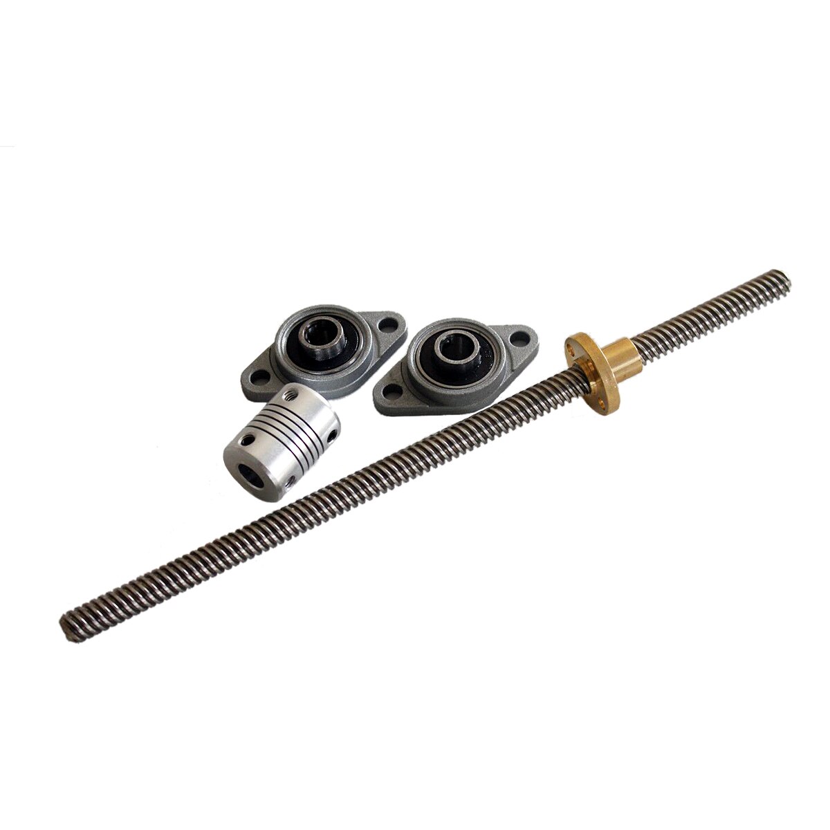 T8 Lead Screw Set 2mm Length 150 250 600 1200 mm & Brass Nut + D19L25 Flexible Shaft Coupling 5*8mm + 2Pcs KFL08 bearing Bracket