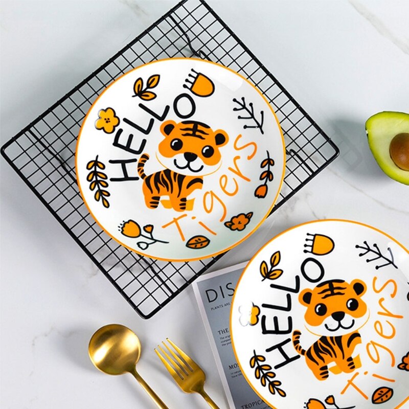 Cartoon Smiling Tiger Ceramic Dinner Plate Fun Animal Kids Fruit Dish Tableware