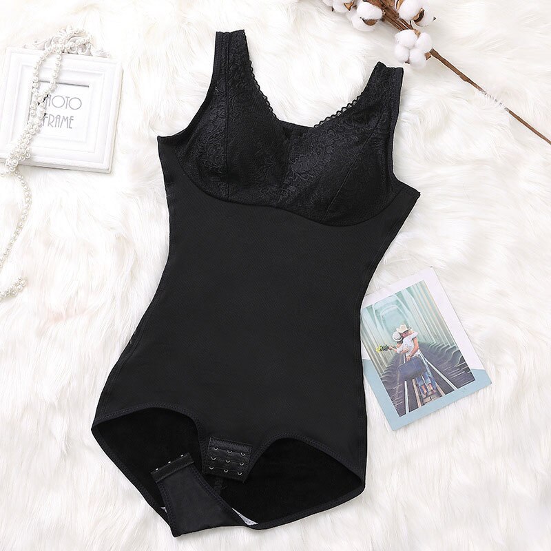 Plus Size Women&#39;s Slimming Underwear Winter Plus Velvet Thermal Bodysuit Sexy Body Shaper With Push Up Chest Pad Shapewear: Black / XL