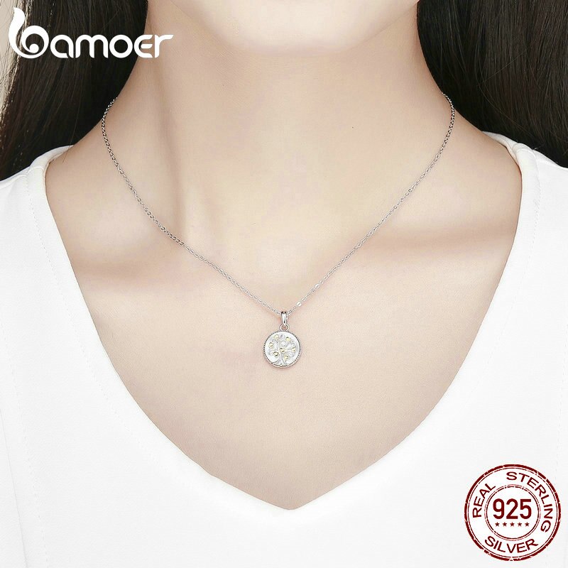 BAMOER Real 925 Sterling Silver Tree of Life Pendant Necklaces Women Gold Heart Tree Necklace Sterling Silver Jewelry SCN296