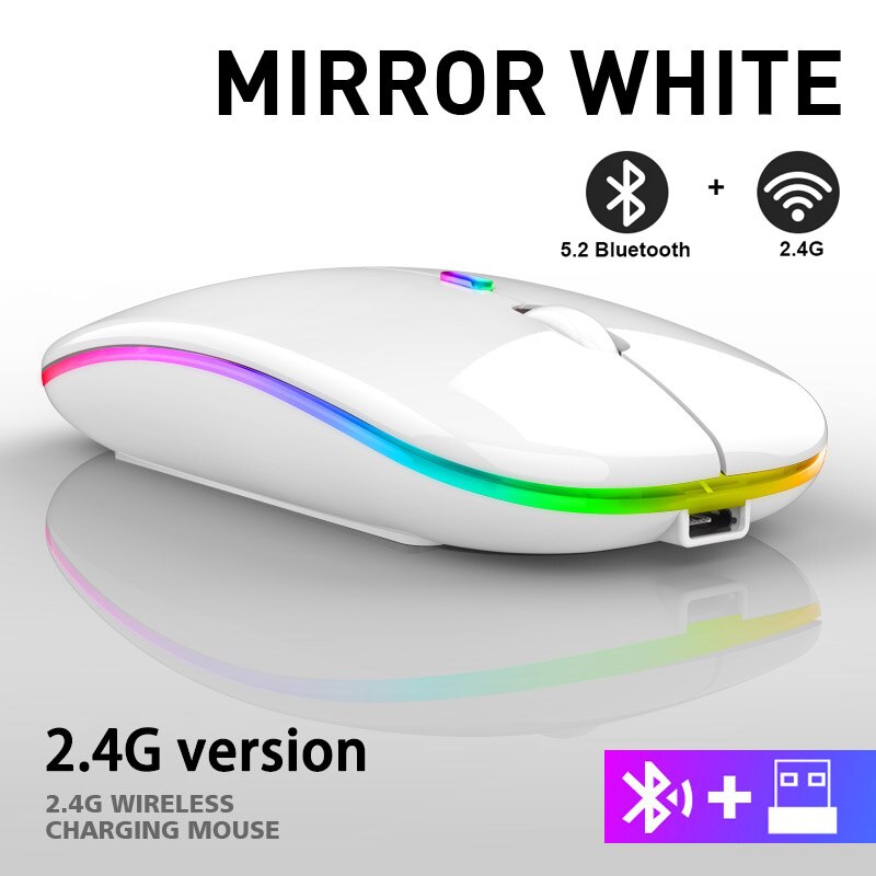 Bluetooth Wireless Mouse for PC Laptop IPad Tablet MacBook with RGB Backlight Ergonomic Silent USB Rechargeable Wireless Mice: Bluetooth 2.4G White