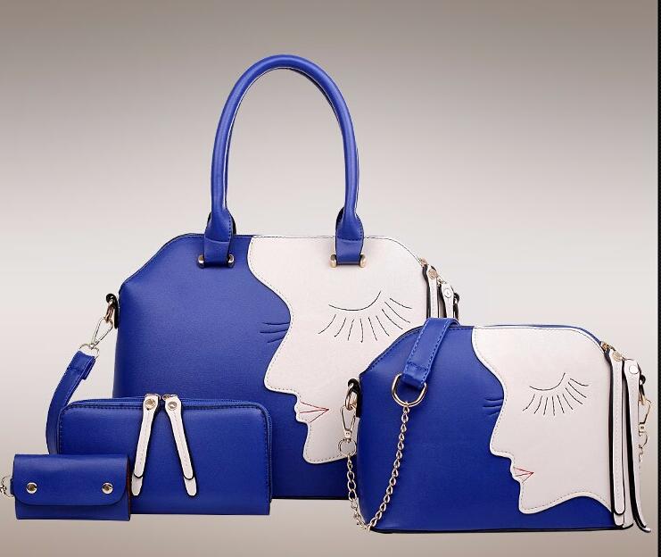 Bolsa de couro feminina artvan, bolsa de mão designer feminina + bolsa mensageiro + bolsa de chaves 4 peças, conjunto gd02: Azul